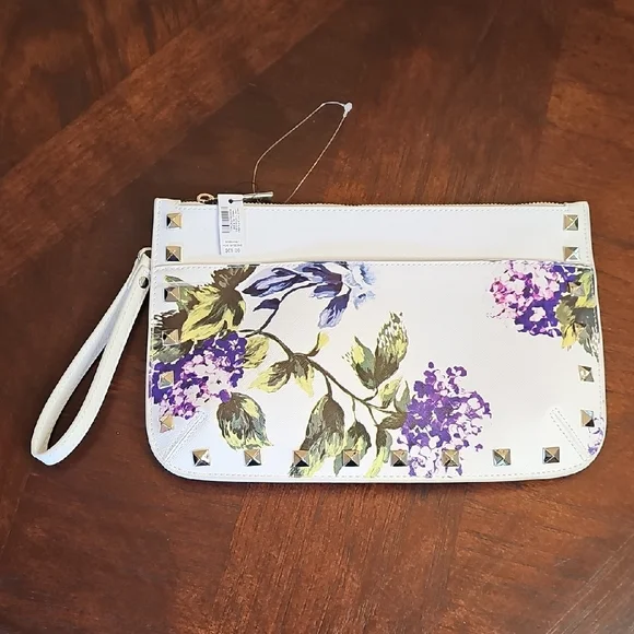 NWT White House Black Market Floral Studded Wristlet Clutch White, Purple - Picture 9 of 9